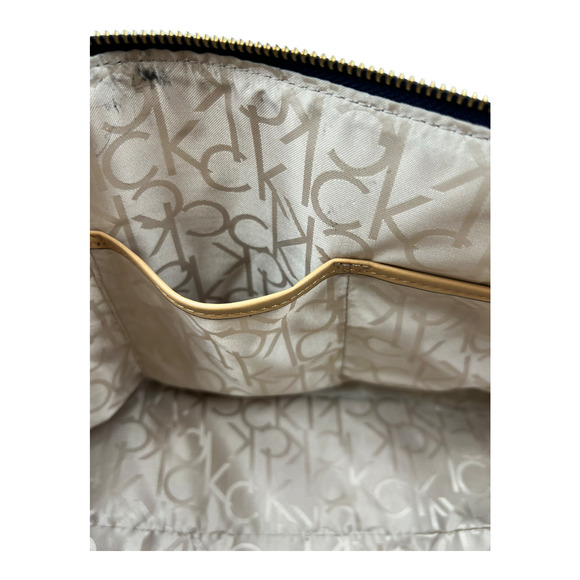 Calvin Klein Signature Monogram Navy Satchel Logo Purse With Tan Handle - Picture 6 of 7